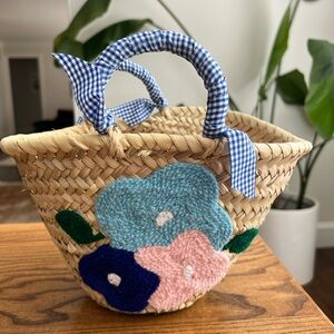 Blue and Pink Mini Straw Bag with Floral Accents
